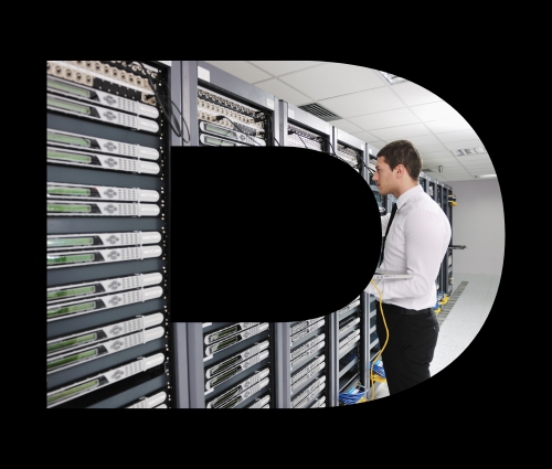 Image of server stack within a D frame and black background