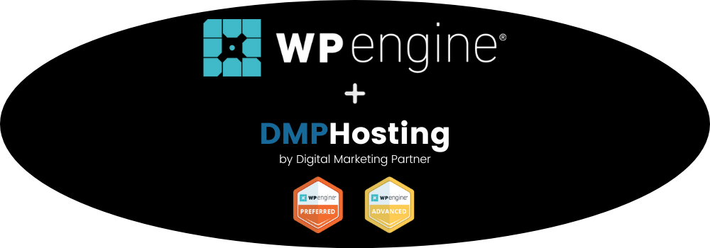 Oval image with black background and WP Engine logo and agency partner badges for DMPHosting.